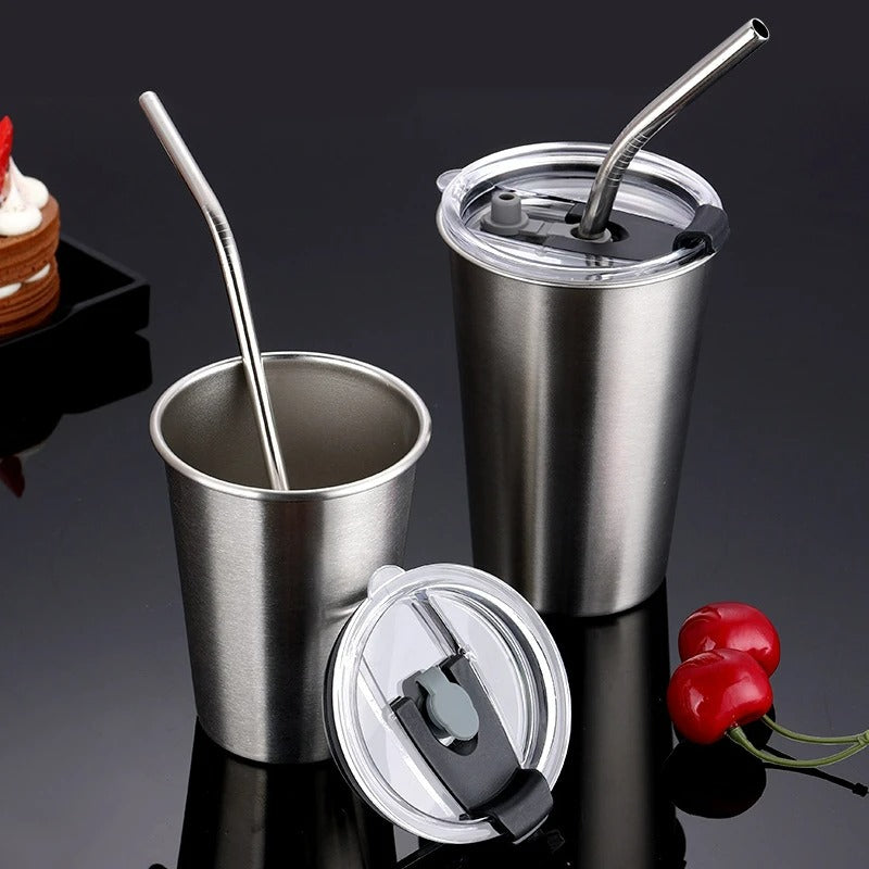 Stainless Steel Mugs With Lids & Straw